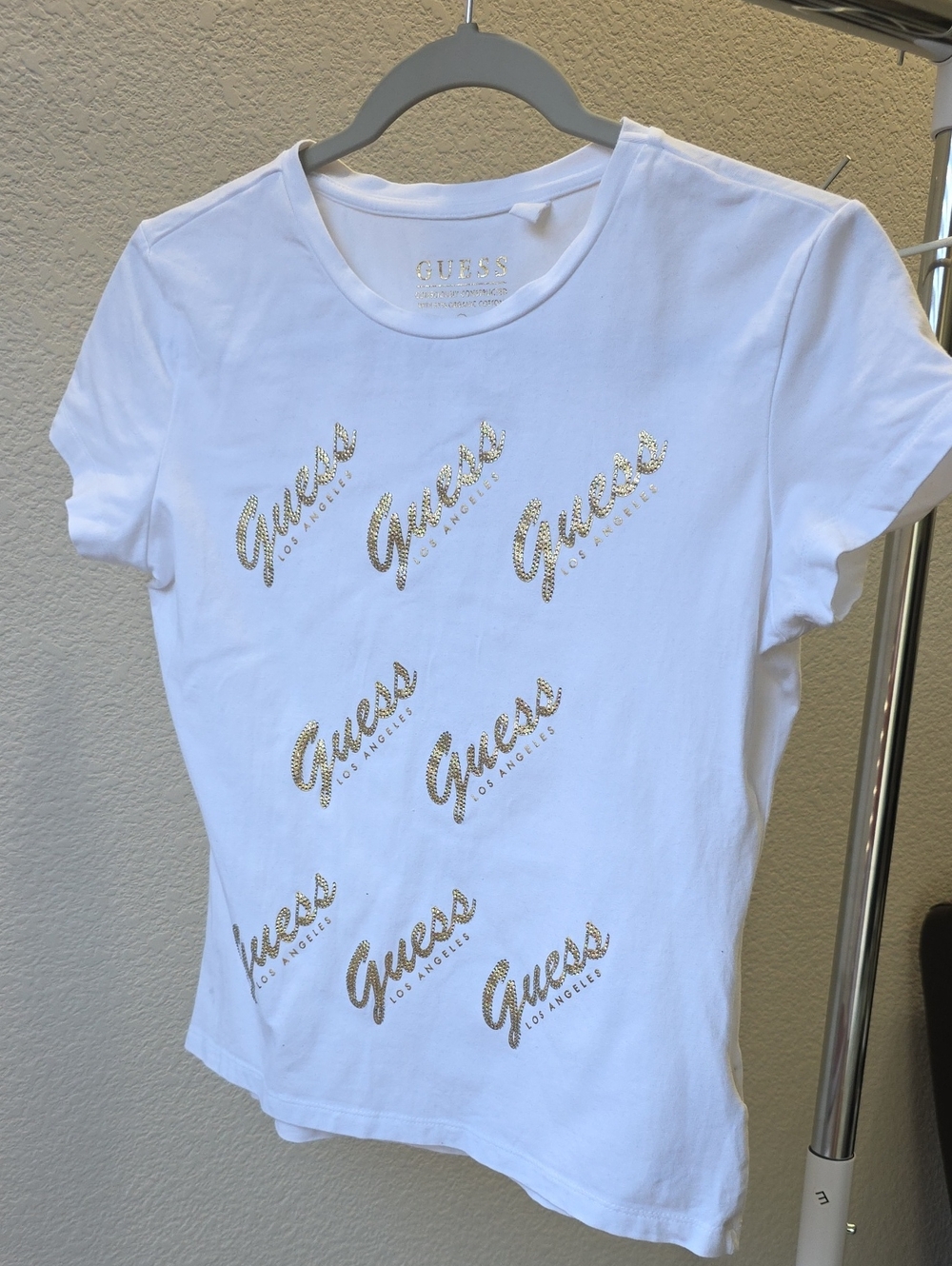 Guess White Tee with Gold Script Logos